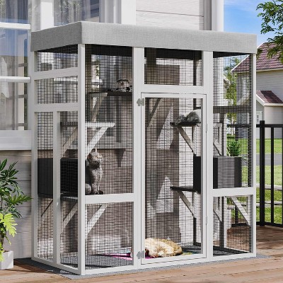 Angel Sar 70 Inch Outdoor Cat Enclosure with Waterproof Roof, Large Catio with 2 Houses & 7 Platforms, Rust-Proof Wire Pet Cage, Light Grey