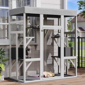 Angel Sar 70 Inch Outdoor Cat Enclosure with Waterproof Roof, Large Catio with 2 Houses & 7 Platforms, Rust-Proof Wire Pet Cage, Light Grey - 1 of 4