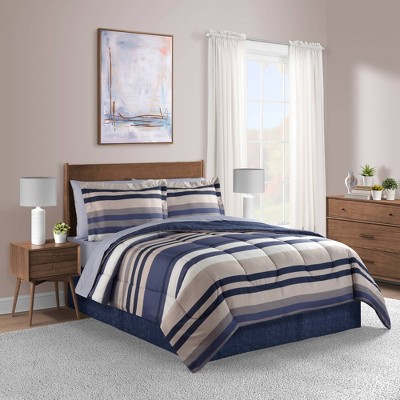 8pc King Xavier Stripe Bed In A Bag Comforter Set Blue - Lanwood Home ...