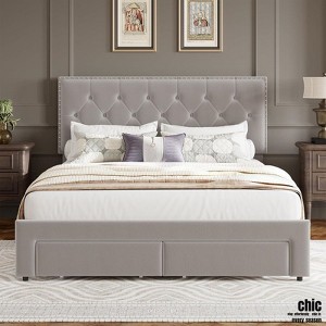 Jojoka Full/Queen/King Bed Frame with 2 Storage Drawers, Velvet Upholstered, Tufted Rivet Headboard, Wooden Slats, Noise-Free, No Box Spring Needed - 1 of 4