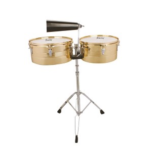 SEVOBAL Drum and Percussion Accessories, 13" and 14" Golden Timbales Set with Cowbell and Adjustable Stand for Live, Gold, 30.71"*19.29"*8.66" - 1 of 4