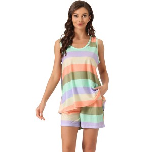 cheibear Women's Rainbow Stripe Tank Tops with Shorts Pajama Sets with Pockets - 1 of 4