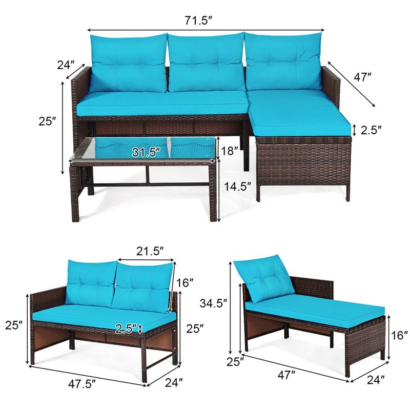 Tangkula 3-Piece Outdoor Rattan Wicker Sectional Sofa Set Patio Conversation Sofa Set, 5 of 6
