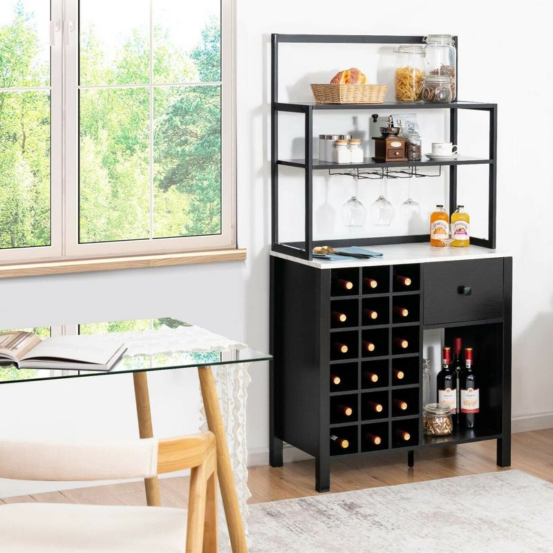 Costway Kitchen Islands Freestanding Wine Rack Table w/ Glass Holder & Drawer Black / Rustic, 4 of 10