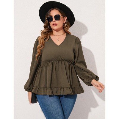 YesFashion Women's Plus Size Blouses V Neck Puff Sleeve Babydoll Tunic Long Sleeve Chiffon Casual Tops Ruffle Shirts