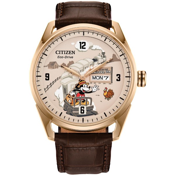 Reloj Citizen Eco-Drive Hometown Mickey Mouse para hombre, correa de piel marrón, esfera beige