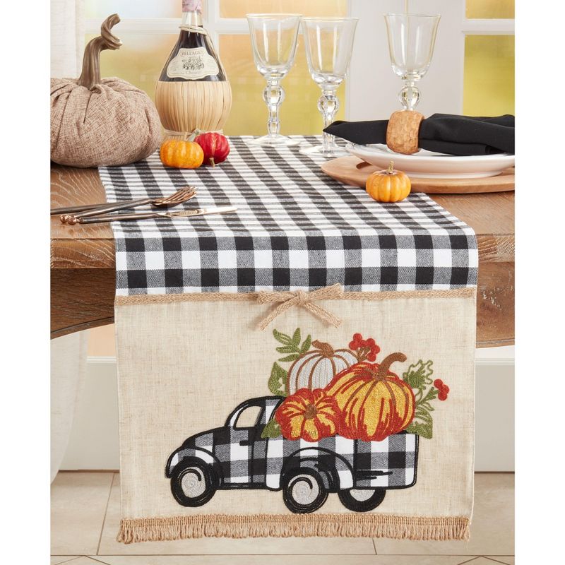 Saro Lifestyle Plaid Truck With Pumpkins Dining Table Runner, Black, 16" x 70", 3 of 4