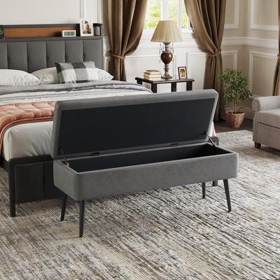 Leather Bench with Storage Ottoman, Foot Rest with Legs, Entryway End of Bed Bench with Stitching, Safety Hinges, for Living Room, Bedroom, Entryway