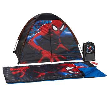 Exxel Marvel Spiderman Kids 4 Piece Outdoor Camping Kit with Floorless Dome Tent, Youth Sized Sleeping Bag, Backpack, and LED Flashlight