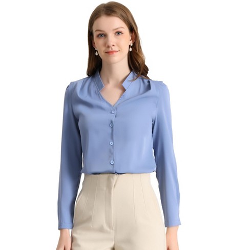 Allegra K Women's Elegant V Neck Work Office Button Up Shirt Blue Large ...