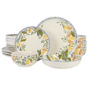 Bloomhouse Posy Blossom 16 Piece Double Bowl Hand Painted Stoneware Plates and Bowls Floral Dinnerware Set - 1 of 4