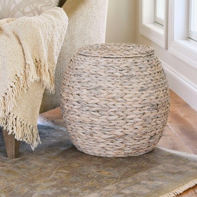 Handwoven White Wicker Round Side Table with Metal Frame