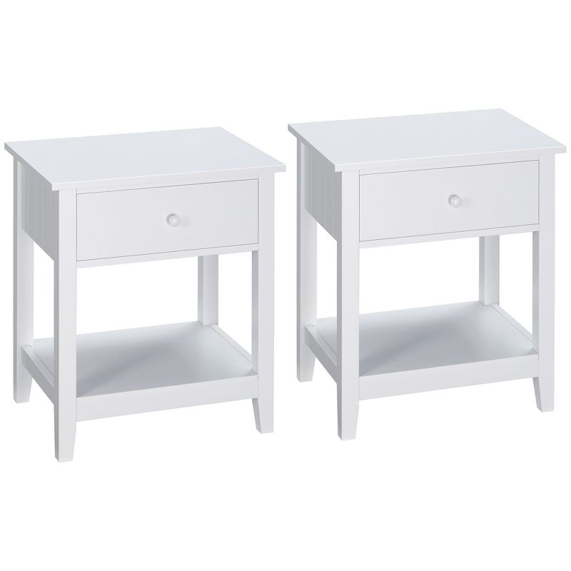 HOMCOM Side Table, Modern End Table with Storage Drawer and Shelf, Nightstand for Bedroom, or Living Room, Set of 2, White, 1 of 7