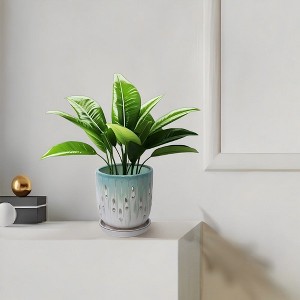 Chic Crate Modern Striped Ceramic Planter Set of 2 (8") – With Drainage & Saucer, Indoor & Outdoor Use - 1 of 4