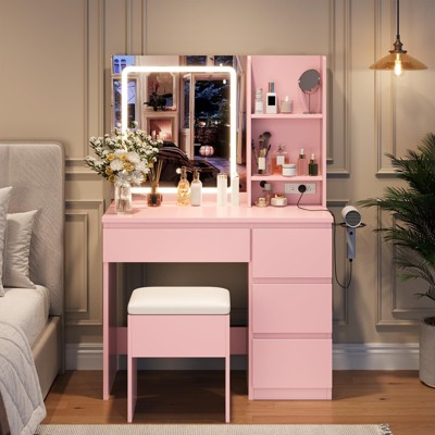 Vanity Desk w/ Mirror & LED Lights, 4 Drawers, Power Outlet, Stool, 3 Lighting Modes - Makeup Dressing Table for Bedroom