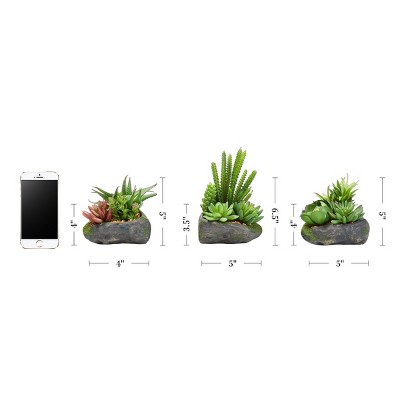 Rustic 3-Piece Faux Succulent Set in Stone Pots, UV-Protected Plastic