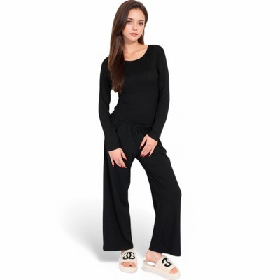 Anna-Kaci Women's Wide-Leg Lounge Set with Elastic Waist and Drawstring Closure- Black,Small