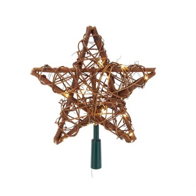 Kurt Adler Rattan Natural Star Tree Topper with Warm White Lights, 10"