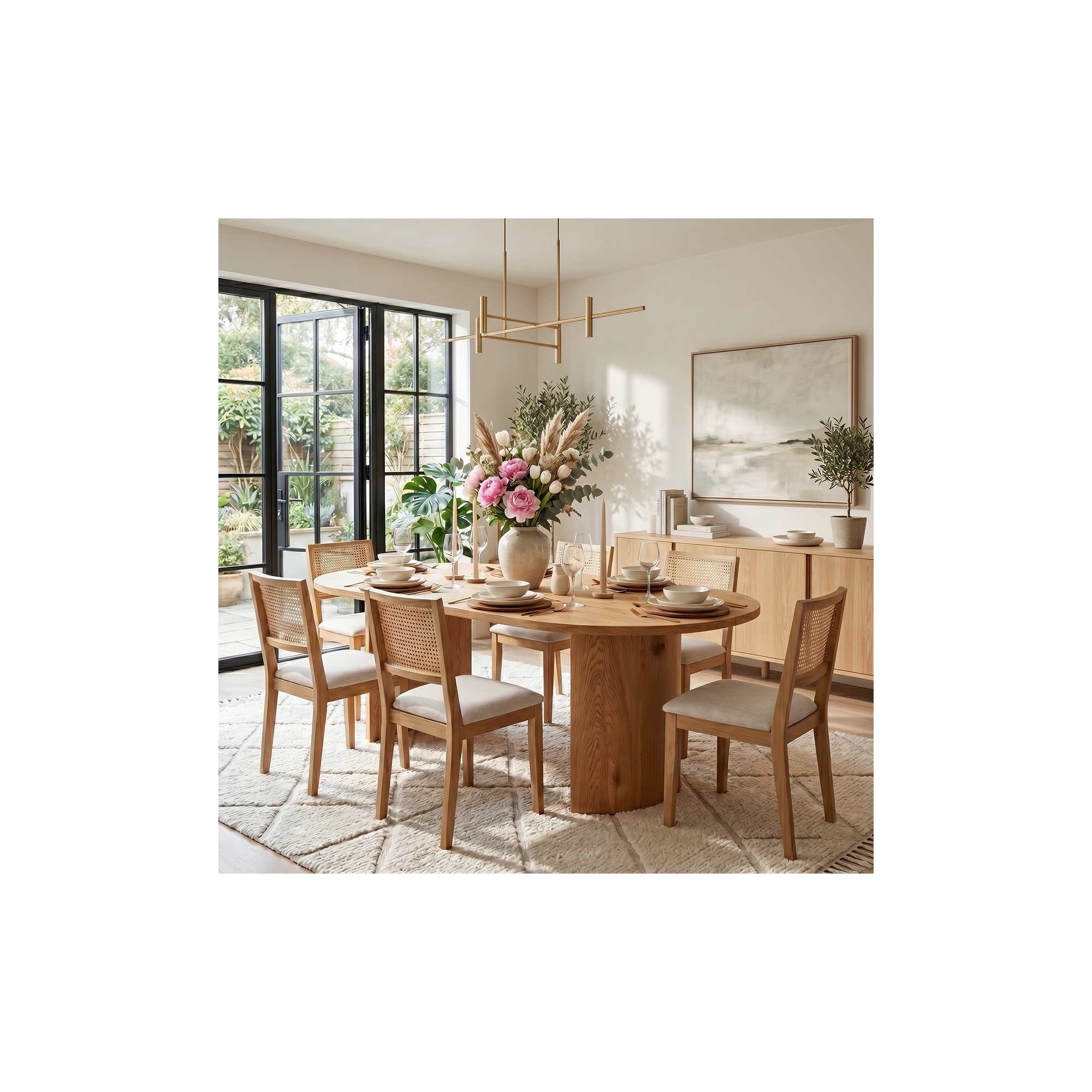 Dining Table Set for 6, Oval 79" Table and Oak Armless Upholstered Dining Chairs with Rattan Backs, Ideal for Dining Room-Panipeachy