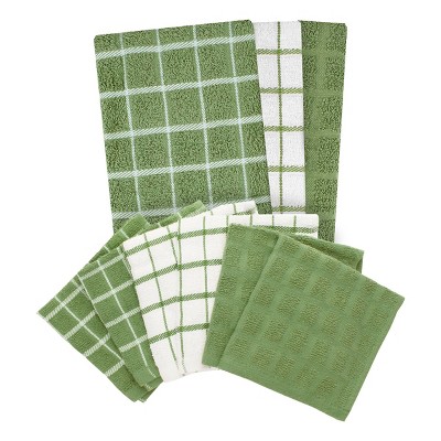 Green and White Cotton Terry Kitchen Towel and Dish Cloth Set, 9-Piece