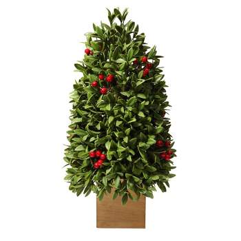 18" Unlit Boxwood Artificial Christmas Tree with Berries in Wood Pot - Haute Décor