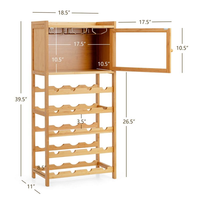 Costway 20-Bottle Bamboo Wine Rack Cabinet Freestanding Display Shelf w/ Glass Hanger, 3 of 11