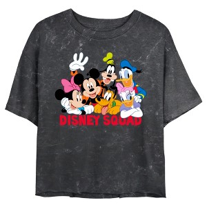 Juniors Womens Mickey & Friends Disney Squad Group Shot Mineral Wash Crop T-Shirt - 1 of 4