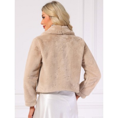 INSPIRE CHIC Women's Cropped Lapel Long Sleeve Fluffy Faux Fur Jackets Medium Khaki — фото 4
