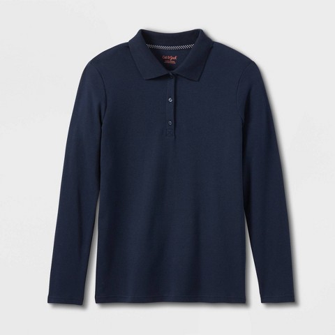 Cat & Jack Girls' Long Sleeve Interlock Uniform Polo Shirt - Cat & Jack™ Blue M