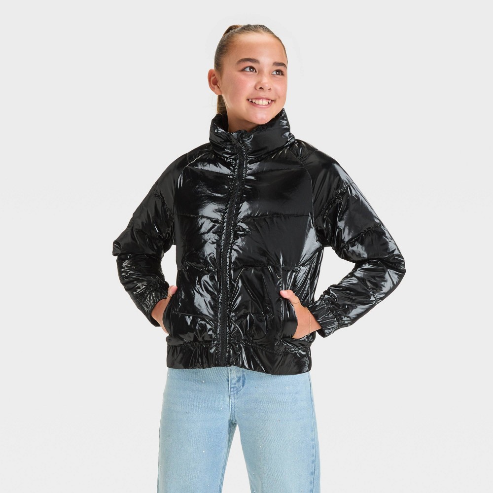 Girls' Solid Puffer Jacket - art class™ Black Size-XS: Midweight, Recycled Polyester, Full Lining, Side Pockets, Machine Washable