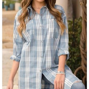 Women's PLAID FRINGE EDGE BUTTON DOWN TUNIC TOP - Venti6 - 1 of 4