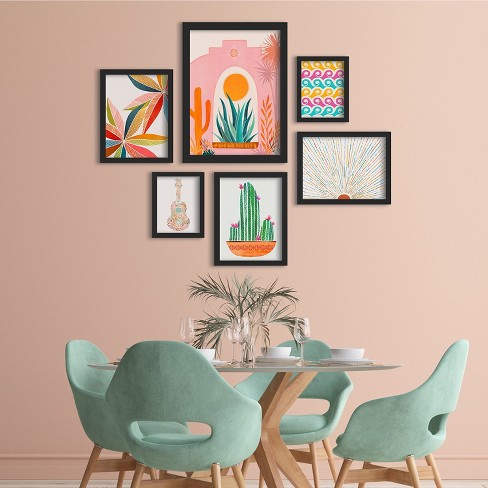 6 Piece Framed Prints Gallery Wall Art Set Orange Green Pink Botanical Cactus Sun By Modern Tropical Americanflat Target