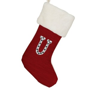 Personalization Mall Farmhouse Initial Red Christmas Stocking, Ivory Faux Fur - 1 of 2