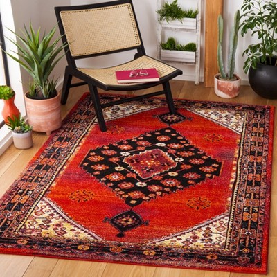 Vintage Red and Black Synthetic Rectangular Area Rug