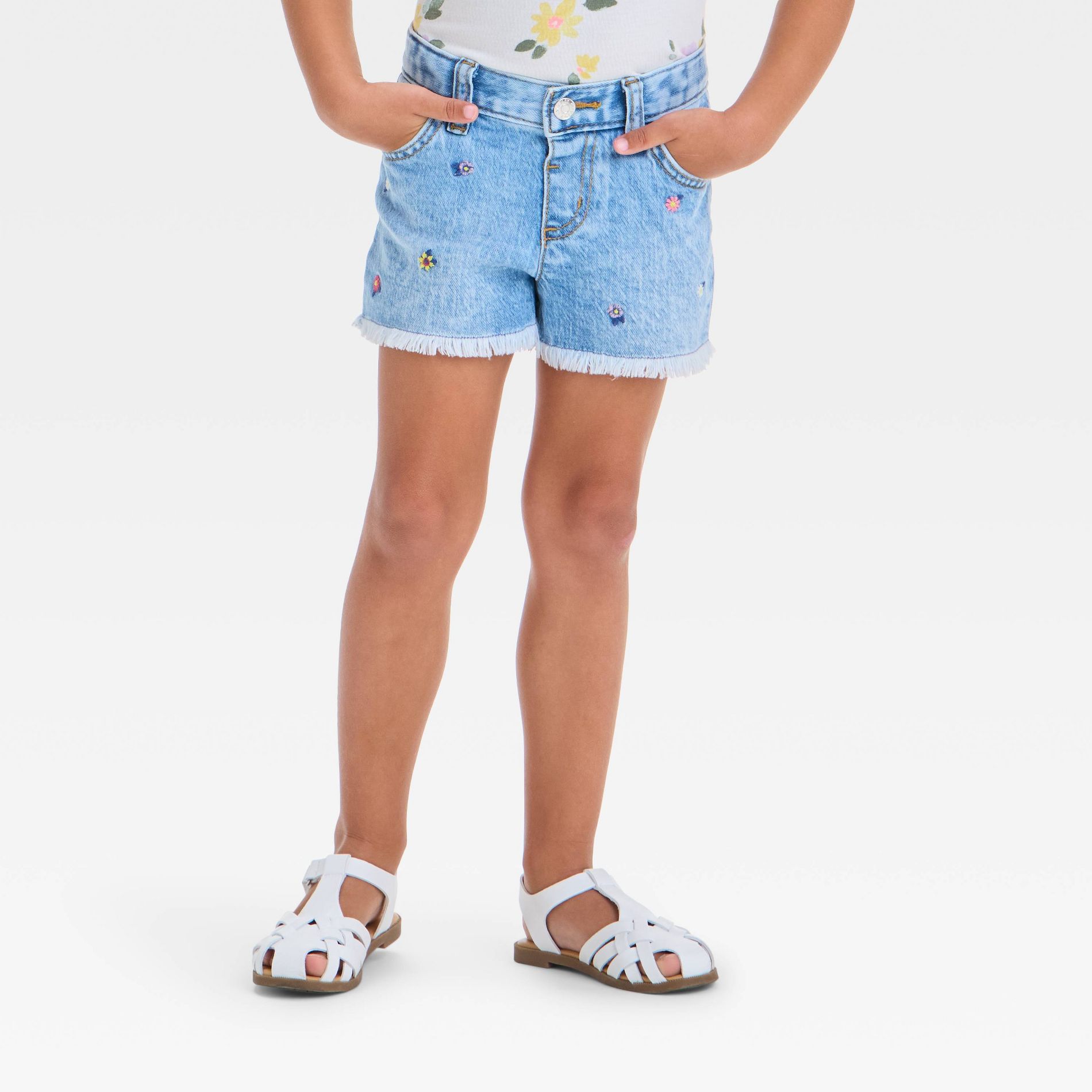 Toddler Girls' Floral Embroidered Shorts - Cat & Jack™ Light Wash 2T: Adjustable Waistband, Denim, Mid-Rise