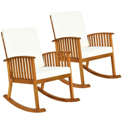 Costway 2PC  Acacia Wood Rocking Chair Garden Lawn W/ Cushion