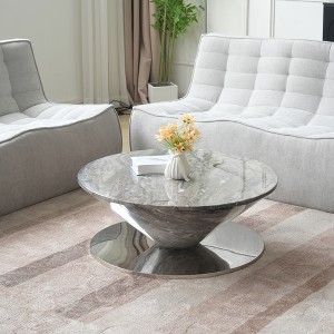 35.43inch Round Coffee Table, Faux Marble Exterior with Silver Mirror Stainless Steel Base,Modern Wood Circle Drum Center Table for Living Room - 1 of 4
