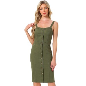 Allegra K Women's Button Down Sweetheart Neckline Sleeveless Summer Knee Length Denim Bodycon Sundress - 1 of 4