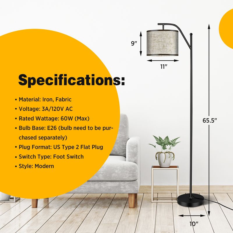 Tangkula Mid Century Tall Pole Floor Lamp with Arc Hanging Shade, Foot Switch & Metal Base, Indoor Reading Standing Light, LED Bulb Not Included, 4 of 10