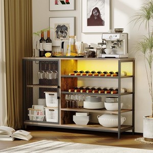 Industrial Retro Side Table with Large Storage - End Table with Wine & Glass Rack, LED Ambient Light, 2 USB Ports & 2 Power Outlets for Bar - 1 of 4