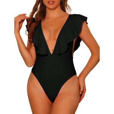 Elerevyo Women's V Neck Ruffled Monokini High Cut Tummy Control Swimwear Bathing Suit One Piece
