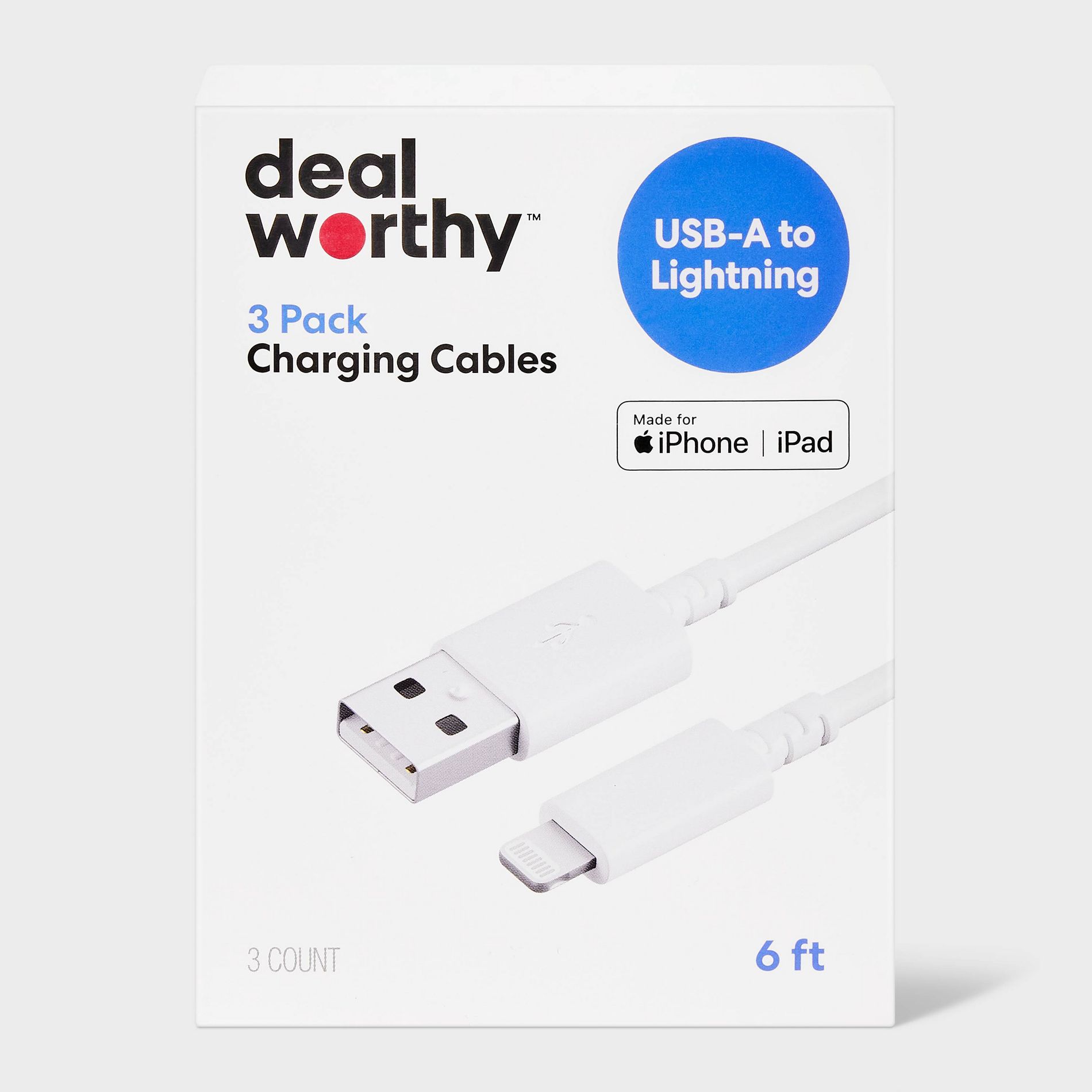 6' Lightning to USB-A Charging Cables 3pk - dealworthy™ White: Male-to-Male Connector