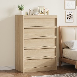 Garvee 5 Drawer Dresser for Bedroom, Natural 5 Chest of Drawers Tall with Concave Handles, Wooden Dresser Organizer for Living Room Nursery Entryway - 1 of 4