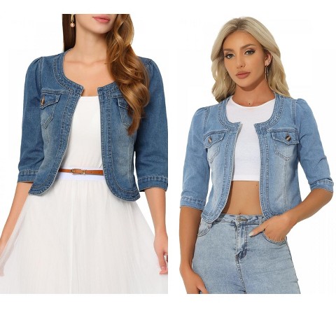 INSPIRE CHIC Women's Collarless Pockets 3/4 Sleeve Crop Denim Jackets 2 Pieces Blue/Light Blue Small