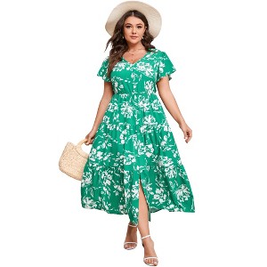 Womens Babydoll Summer Maxi Dress Plus Size V Neck Short Sleeve Button Casual Dress Flowy Swing Floral Boho Dress - 1 of 4