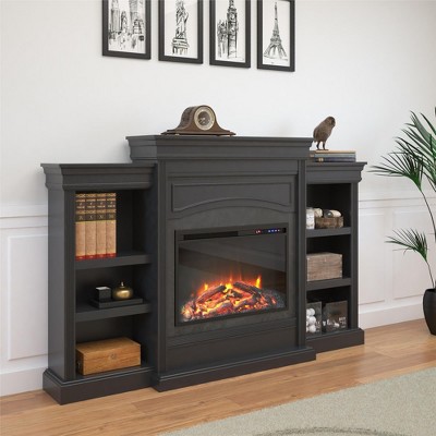 Black Electric Fireplace with Mantel and Shelves