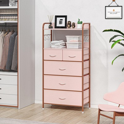 Fabric Dresser Storage Tower with 5 Drawers, Tall Dresser for Bedroom with Open Shelf,