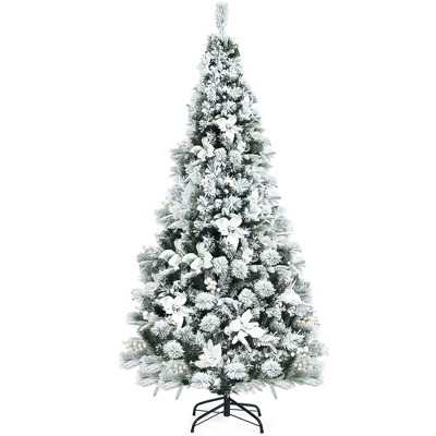 Costway 6ft Snow Flocked Hinged Christmas Tree W/berries & Poinsettia ...