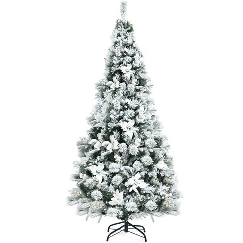 Costway 7ft Snow Flocked Hinged Christmas Tree w/ Berries & Poinsettia Flowers - White