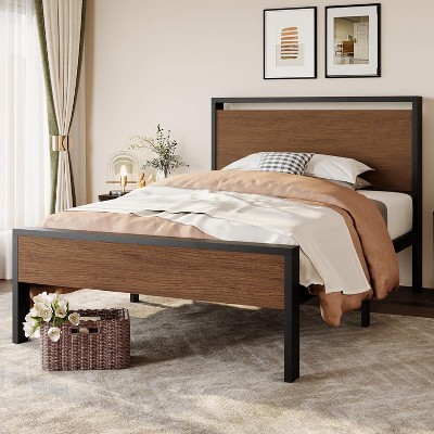 Twin Size Metal Platform Bed Frame with Wooden Headboard and Footboard, Mattress Foundation, No Box Spring Needed
